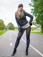 Jeny Smith in black opaque pantyhoseon the road