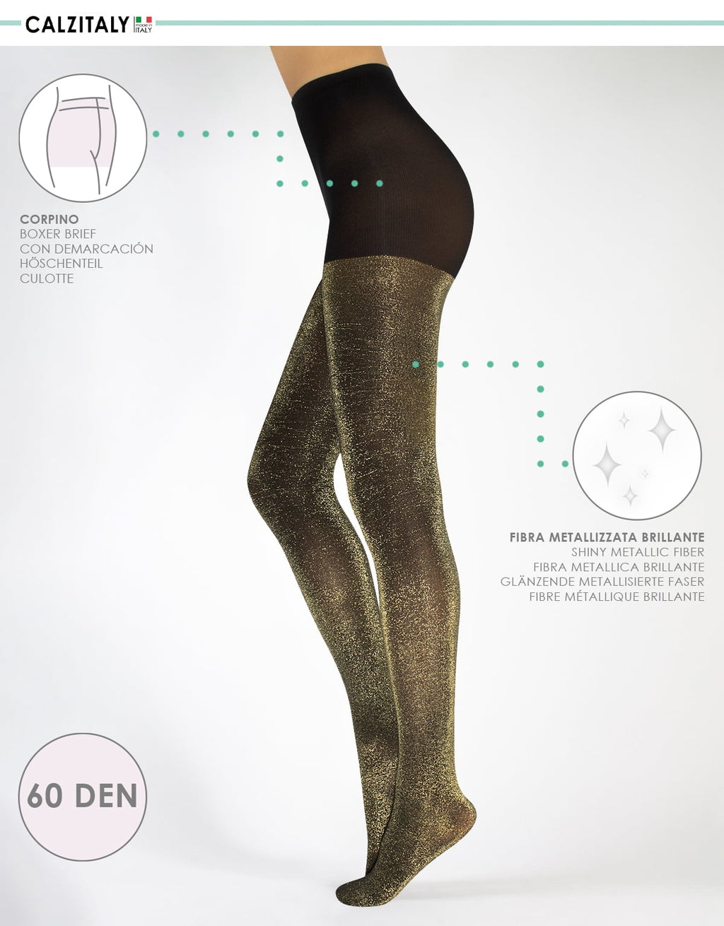 Opaque Lurex Sparky Tights – Gold and Silver Glitter Pantyhose for Women – 60 DEN (Size: L/XL, Color: Black/Gold)