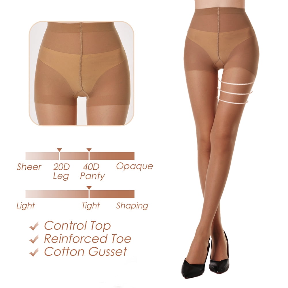 Women's Sheer Tights - 20D Control Top Pantyhose with Reinforced Toes, 3 Pairs, Natural, M - Image 3