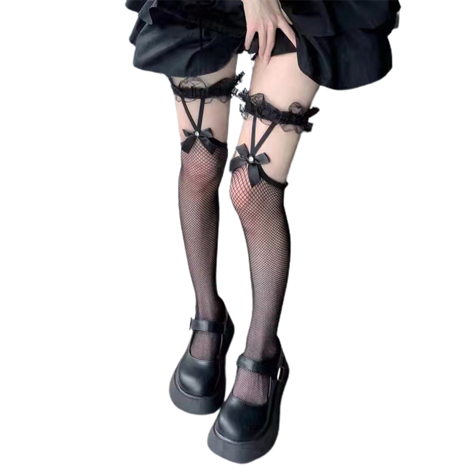 1 Pair Women Stockings Solid Color Lace Bow-knot Sexy Mesh See Through Great Stretch Socks for Daily Wear,Black