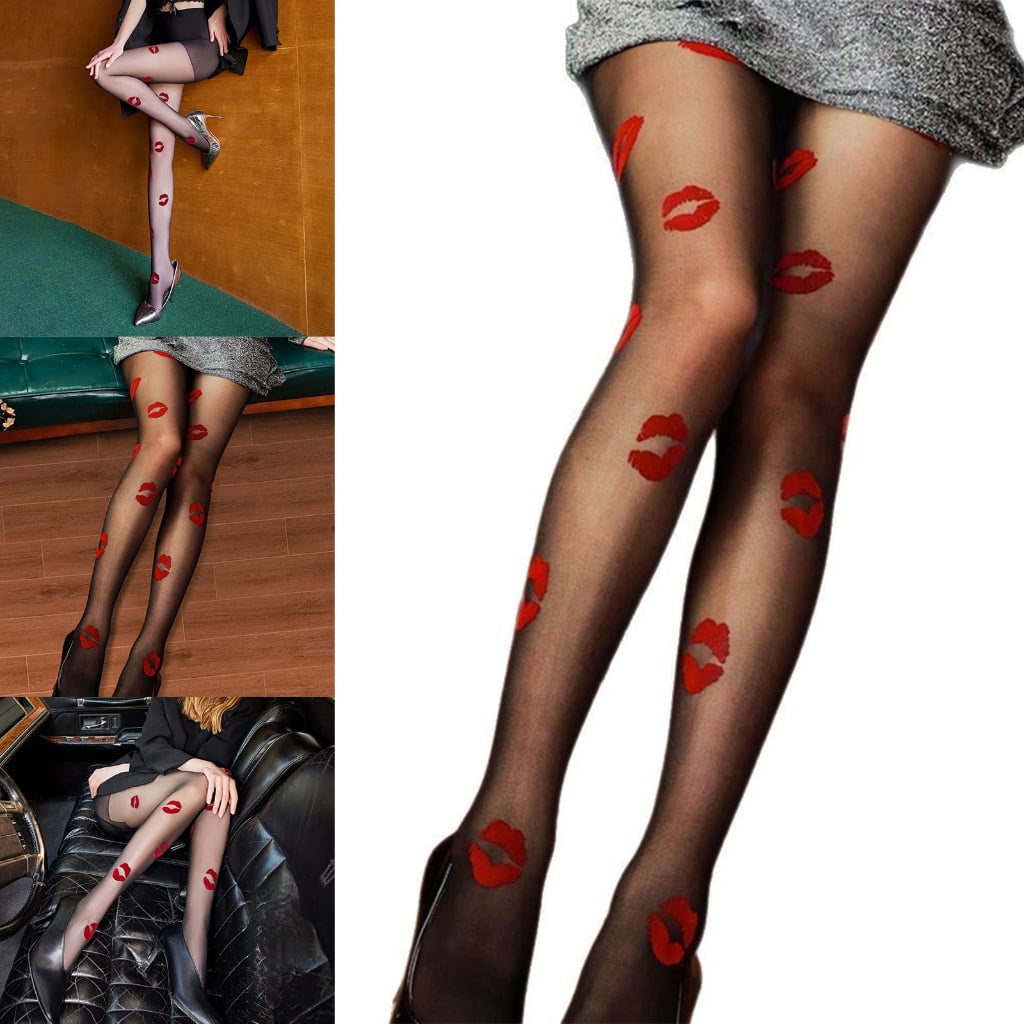 Women Sheer Tights Leggings Kisses Patterned Control Top Tights Students Girls Tights Thigh High Stockings Streetwear