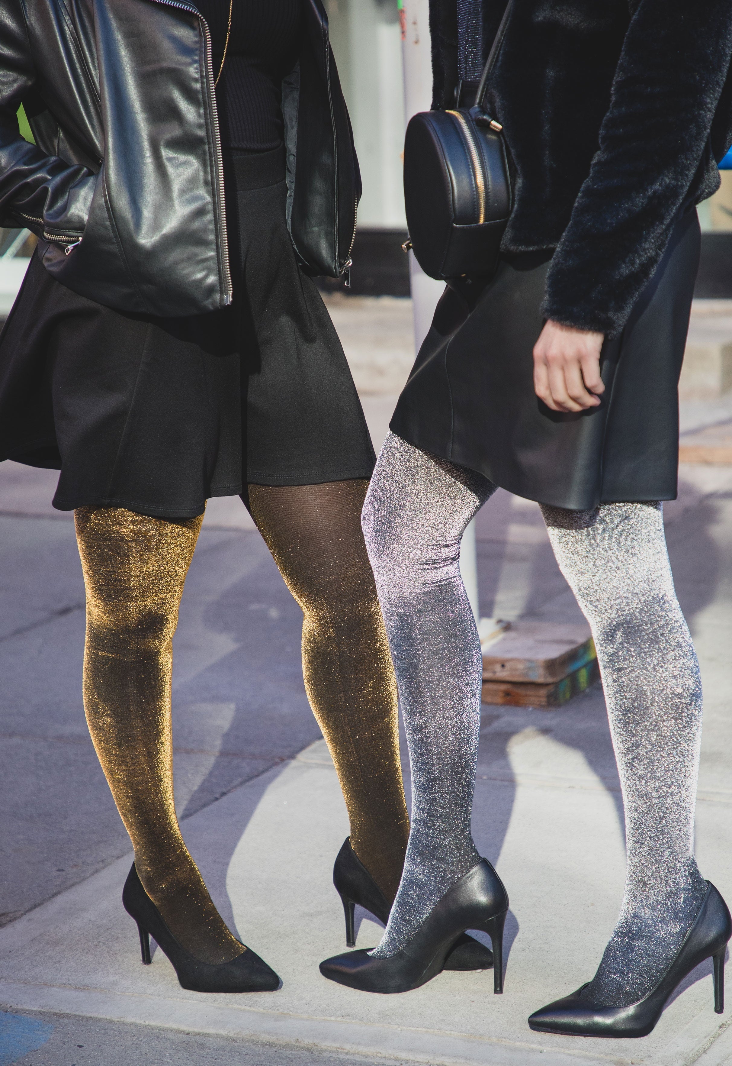 Women's Opaque Liquid Metal Nylon Tights - Womens - Female, Q1/Q2, Black-Gold - Image 4