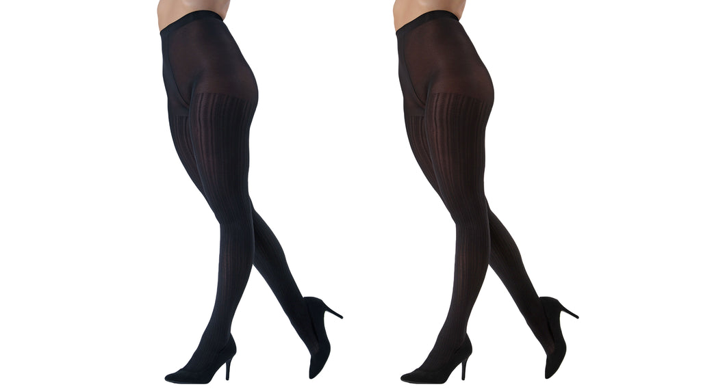 Cable Ribbed/Solid Control Top Tights 2-Pack - Womens - Female (Small/Medium, Navy/Black) - Image 2