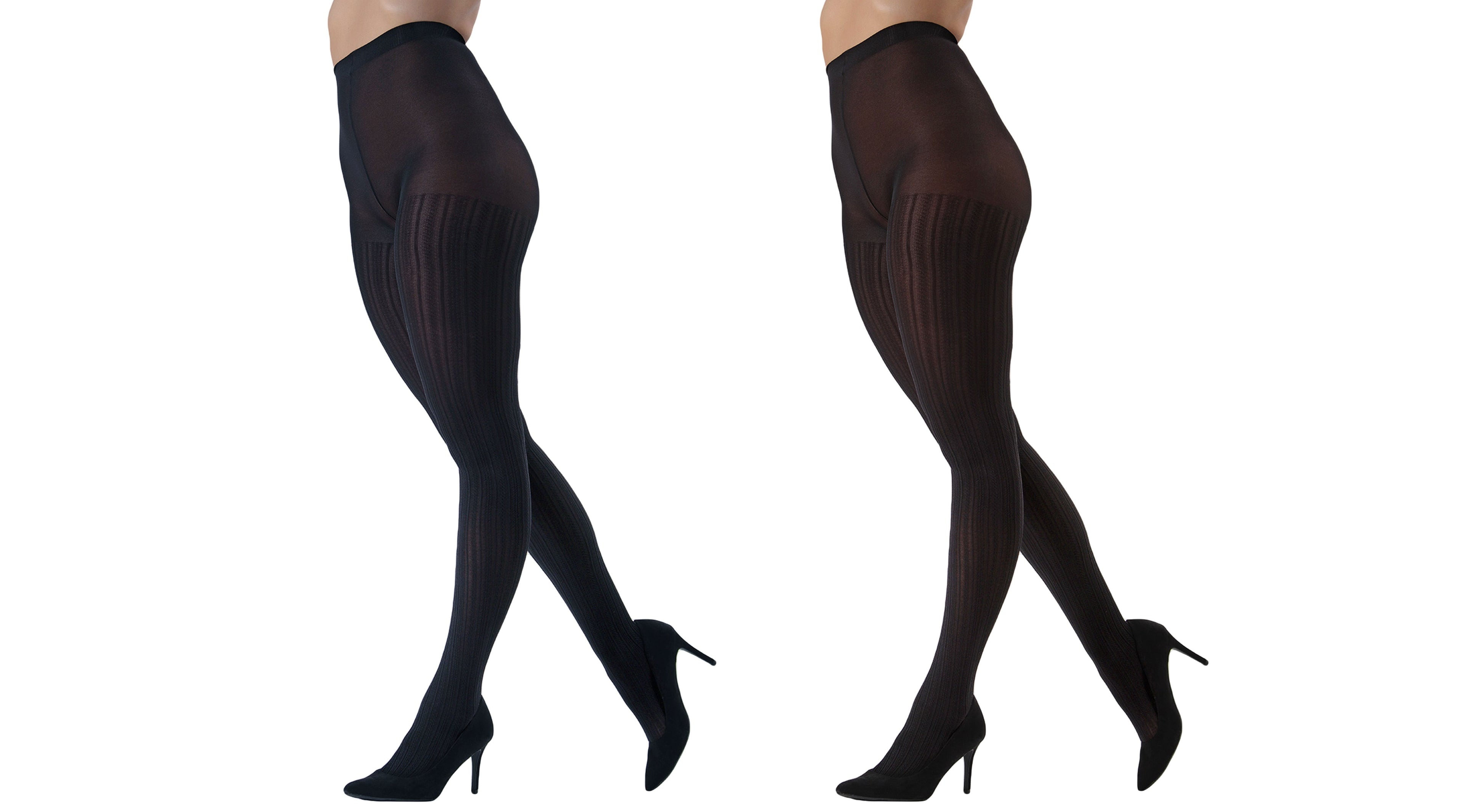 Cable Ribbed/Solid Control Top Tights 2-Pack - Womens - Female (Small/Medium, Navy/Black) - Image 2