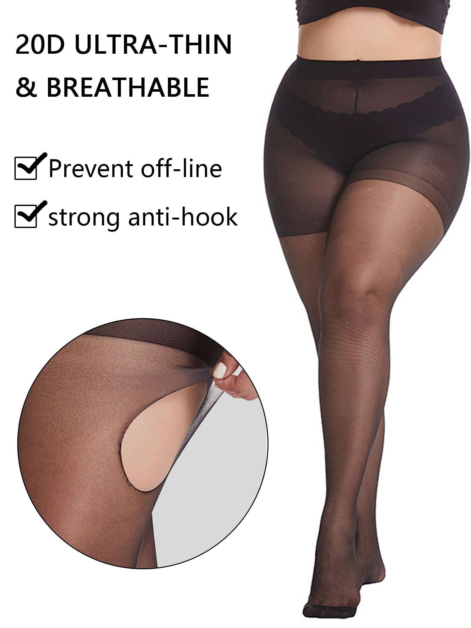 2 Pairs Women's Plus Size Ultra Sheer Tights 20D Pantyhose Control Top Invisible Reinforced Toes (Black+SKin) - Image 4