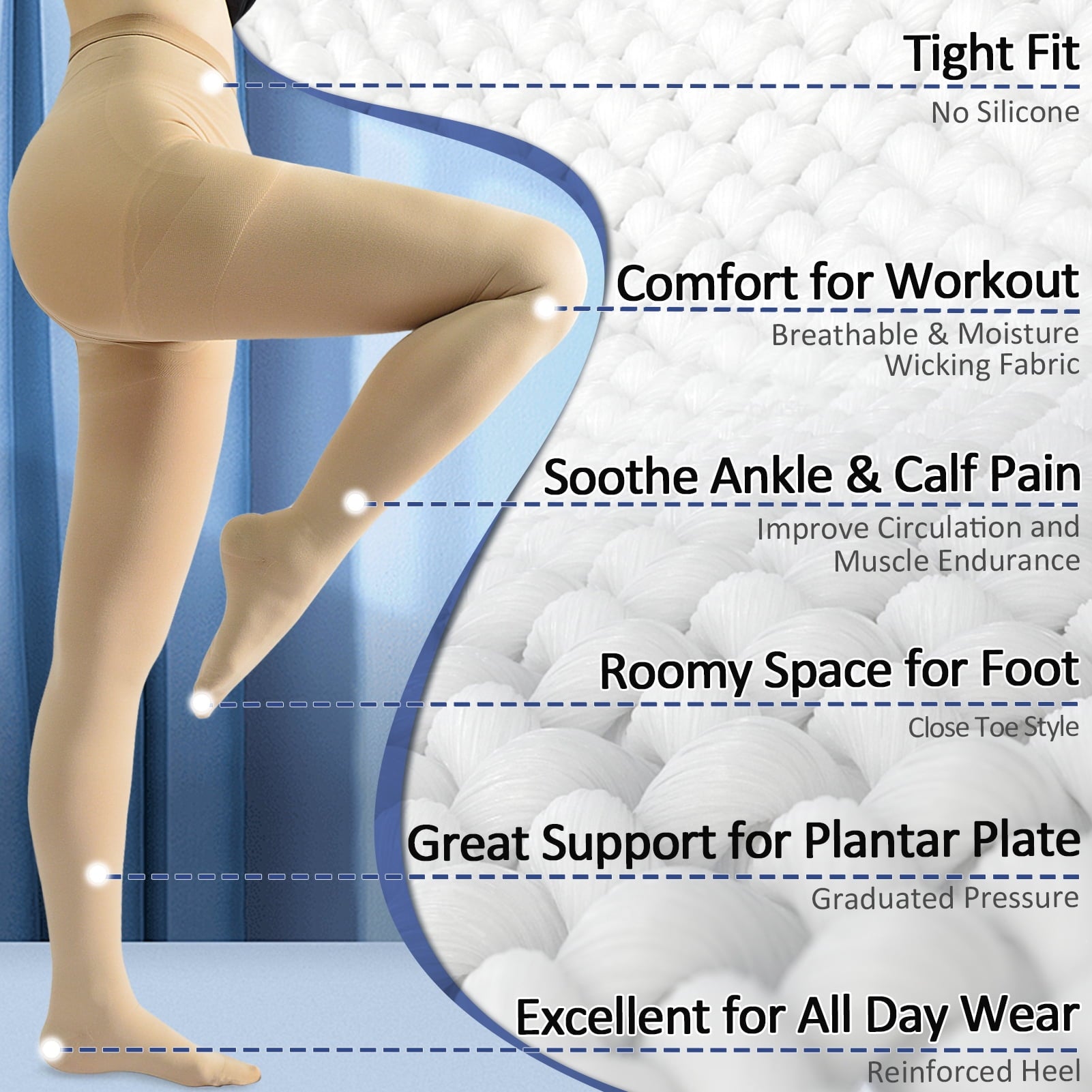 Women's Anti-Embolism Compression Pantyhose, 1-Pack Opaque Compression Tights,Waist High,20-30mmHg,Beige