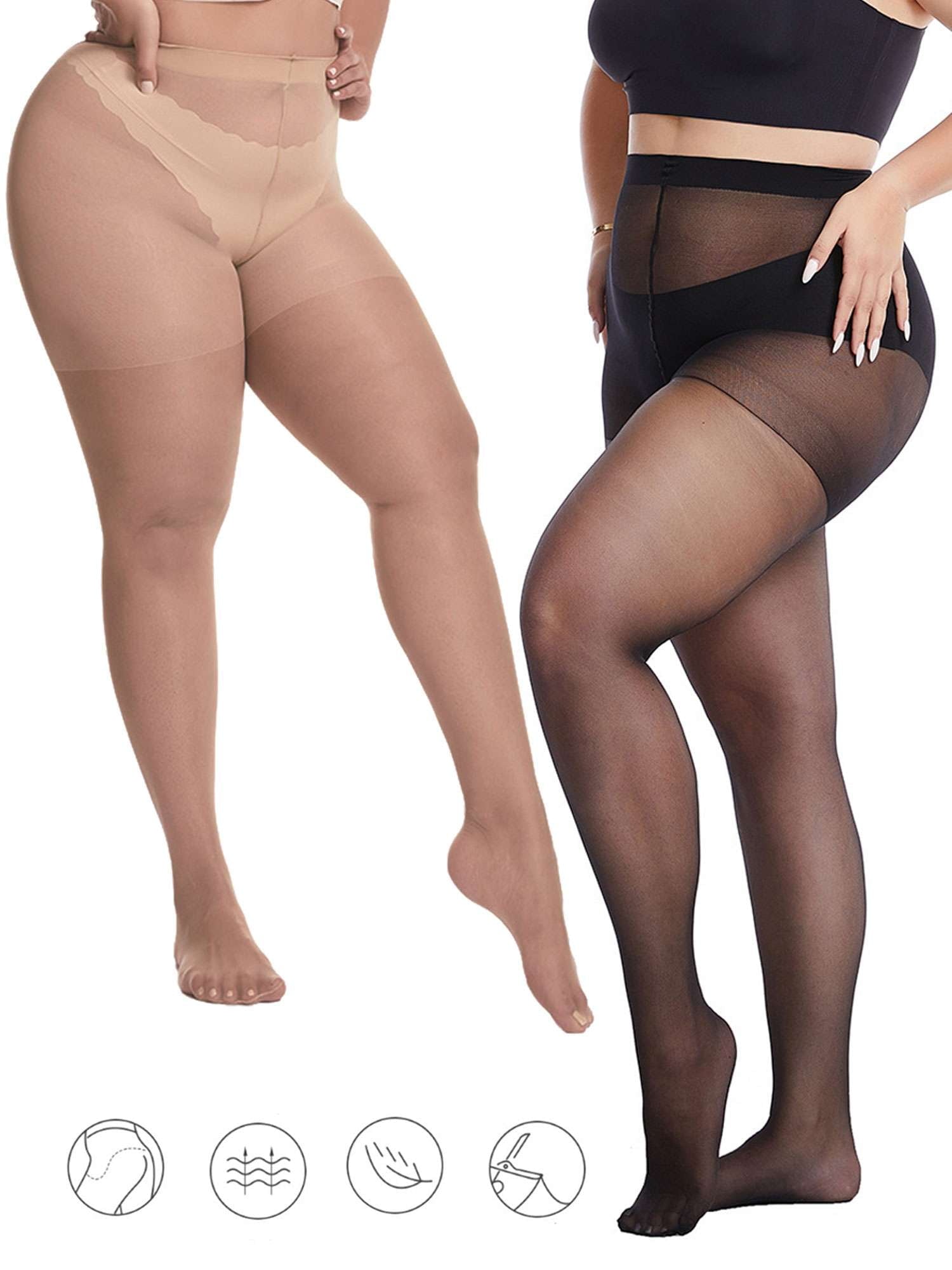 2 Pairs Women's Plus Size Ultra Sheer Tights 20D Pantyhose Control Top Invisible Reinforced Toes (Black+SKin)