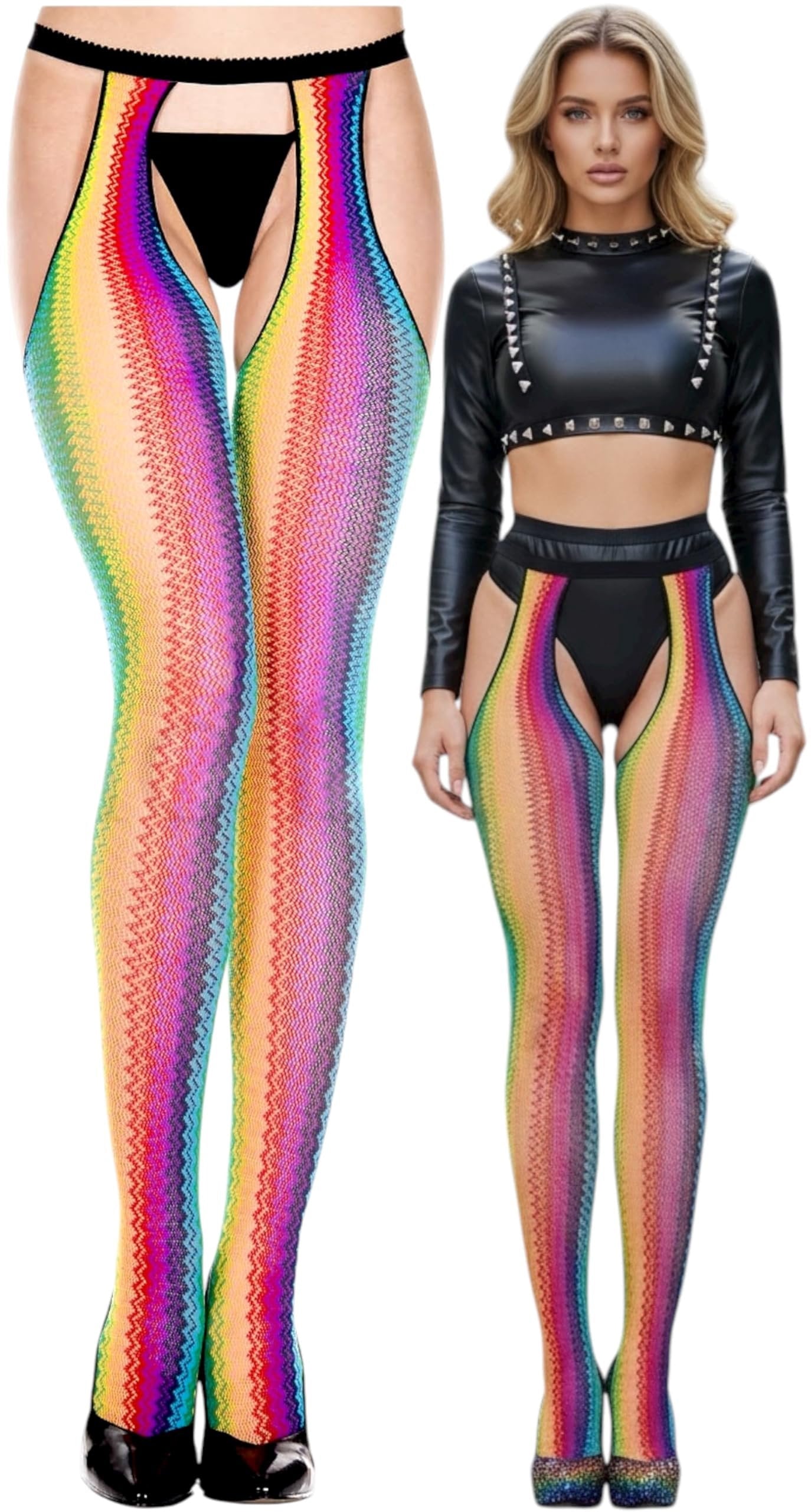 Women's Colorful Rainbow Zig Zag Print Nylon Suspender Cutout Pantyhose - One Size - Image 2