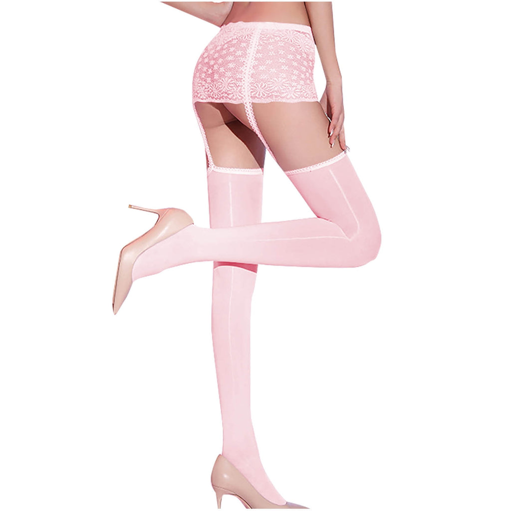Women's Suspender Pantyhose Lace See Through Thigh High Stockings with Garter Belt Strap Sheer Tights