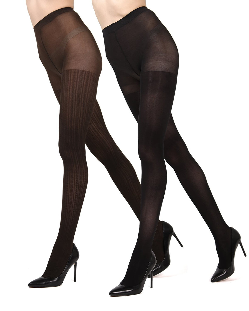 Cable Ribbed/Solid Control Top Tights 2-Pack - Womens - Female (Small/Medium, Navy/Black) - Image 4