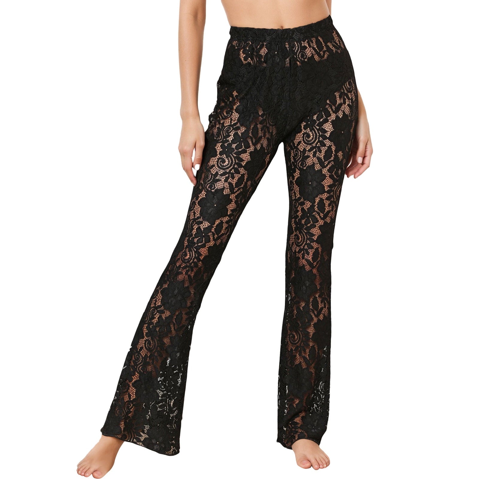 Women's High Waist Lace Bodysuit Leggings - Sheer Stretch Pantyhose with Ruffle Design, S-XL