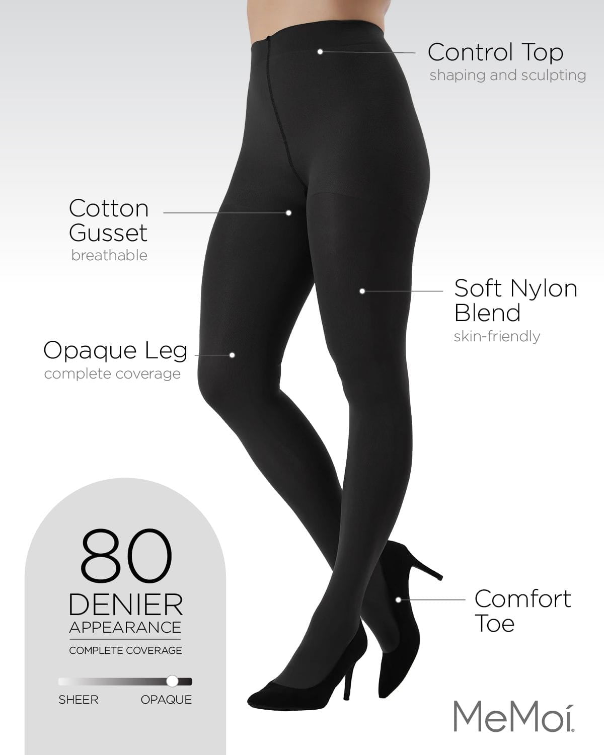 Completely Opaque Control Top Tights - Womens - Female, Q1/Q2, Black - Image 2
