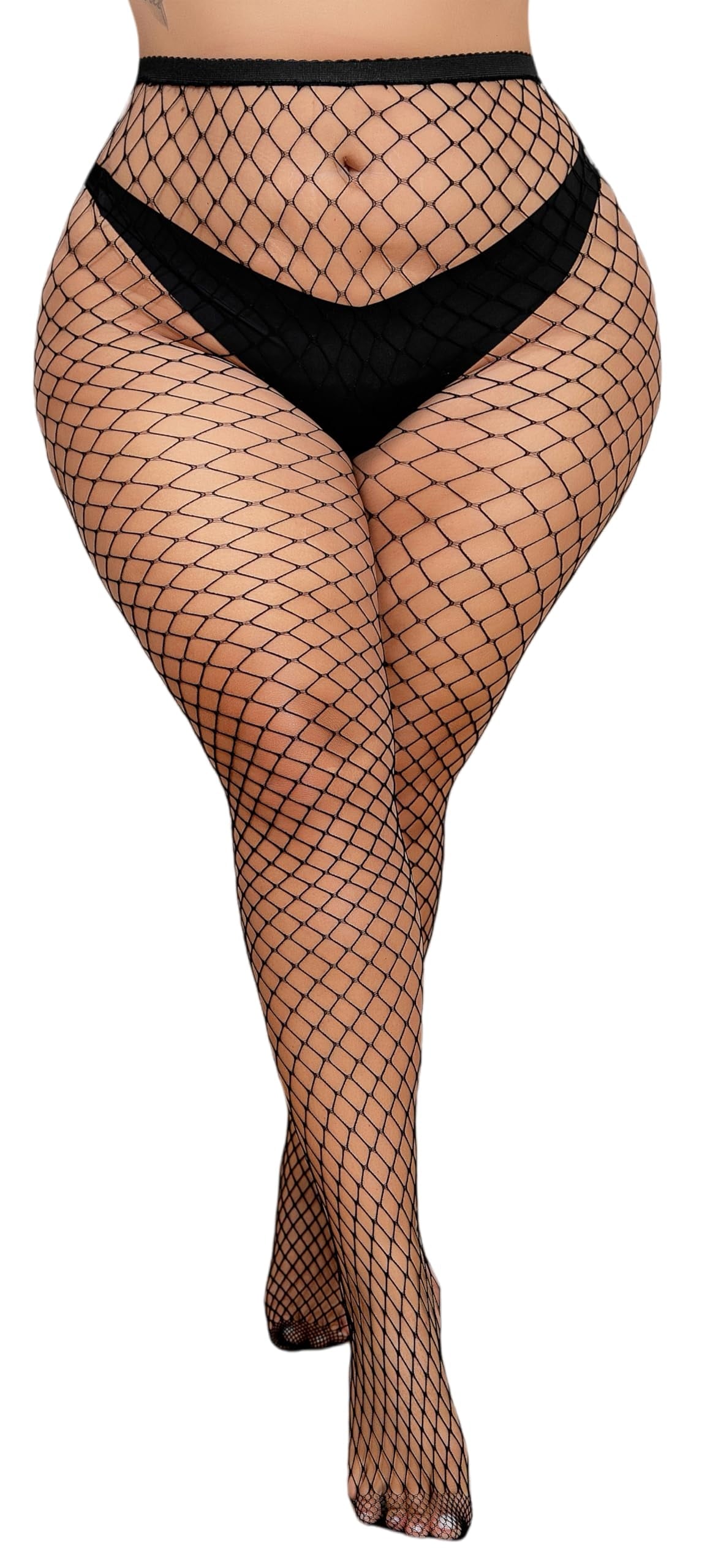 Women's Plus Size Mesh Fishnet Stockings Thigh High Waist Black Wide Tights for Weight 100-290 Lbs - Image 5
