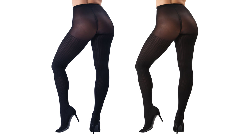 Cable Ribbed/Solid Control Top Tights 2-Pack - Womens - Female (Small/Medium, Navy/Black) - Image 3