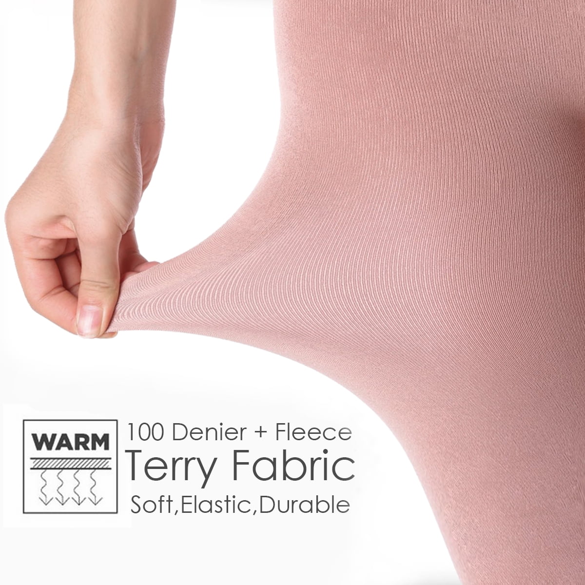 2 Pairs Fleece Lined Tights for Women - 100D Opaque Warm Winter Pantyhose, Nude L - Image 2