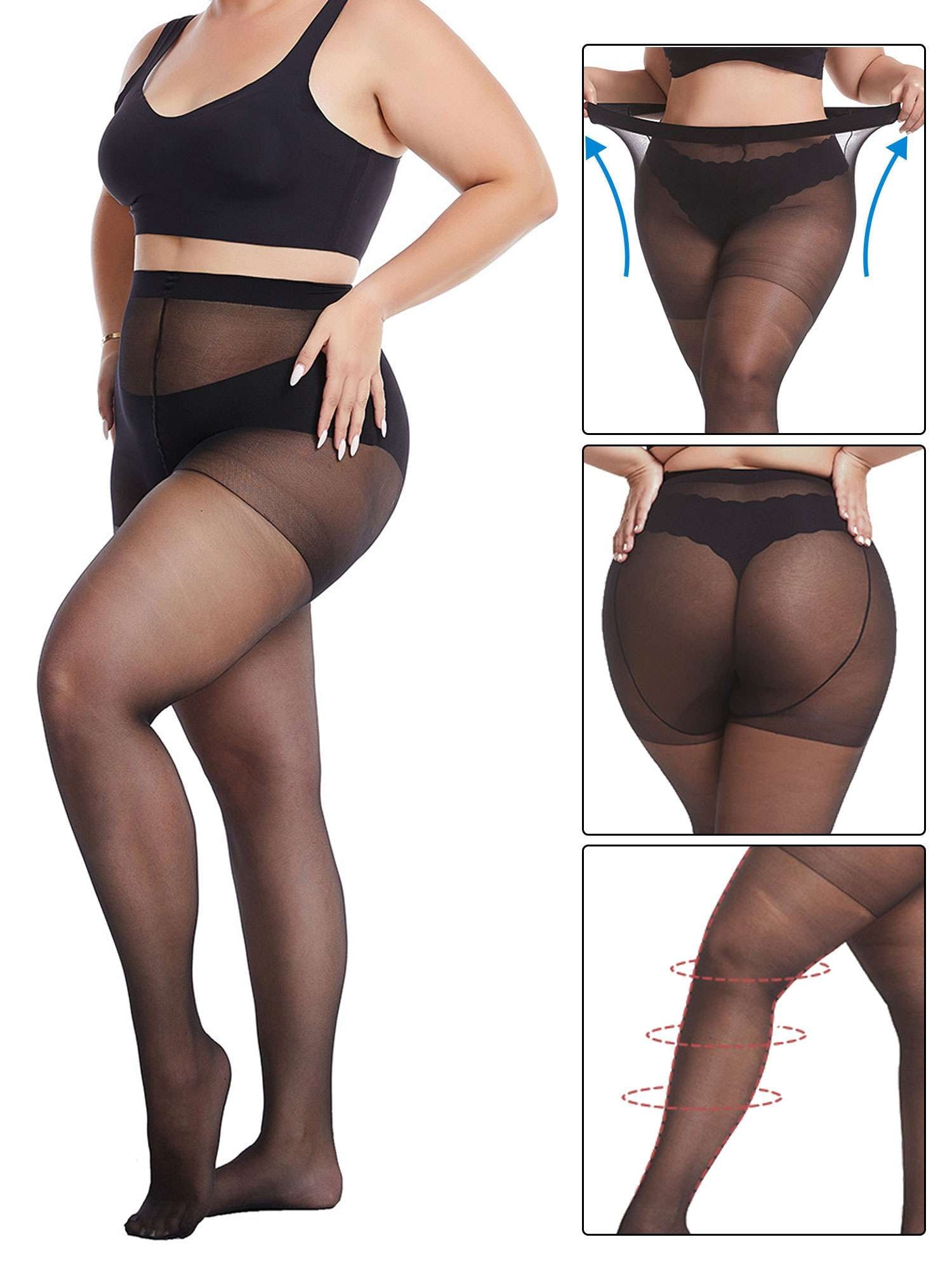 2 Pairs Women's Plus Size Ultra Sheer Tights 20D Pantyhose Control Top Invisible Reinforced Toes (Black+SKin) - Image 2